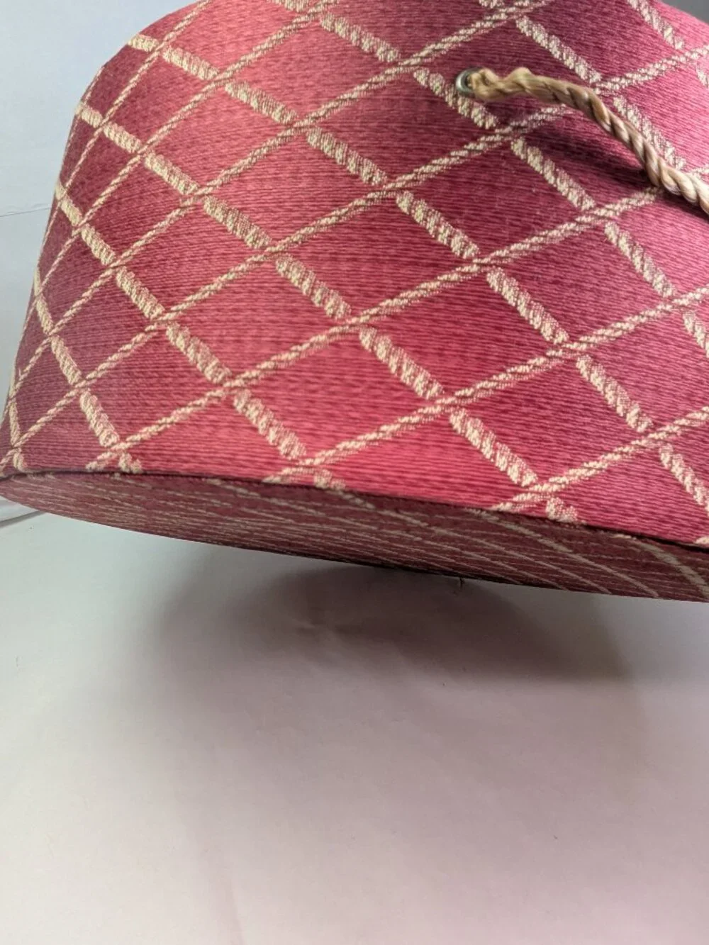 Vintage Red Tan Diamond Trellis Padded Fabric Hat Box Rope Trim Storage 14.5